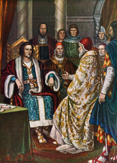 Koning Pepijn, koning van de Franken, spreekt met Paus Stefanus II, 754 door Tancredi Scarpelli